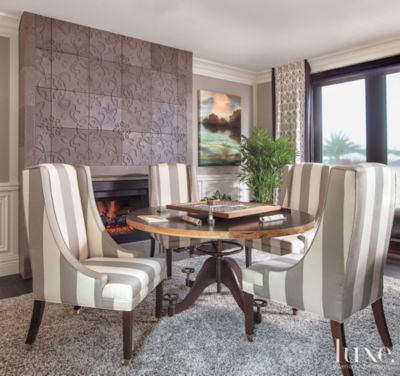 Gray Contemporary Family Room with Striped Shairs | Contemporary .