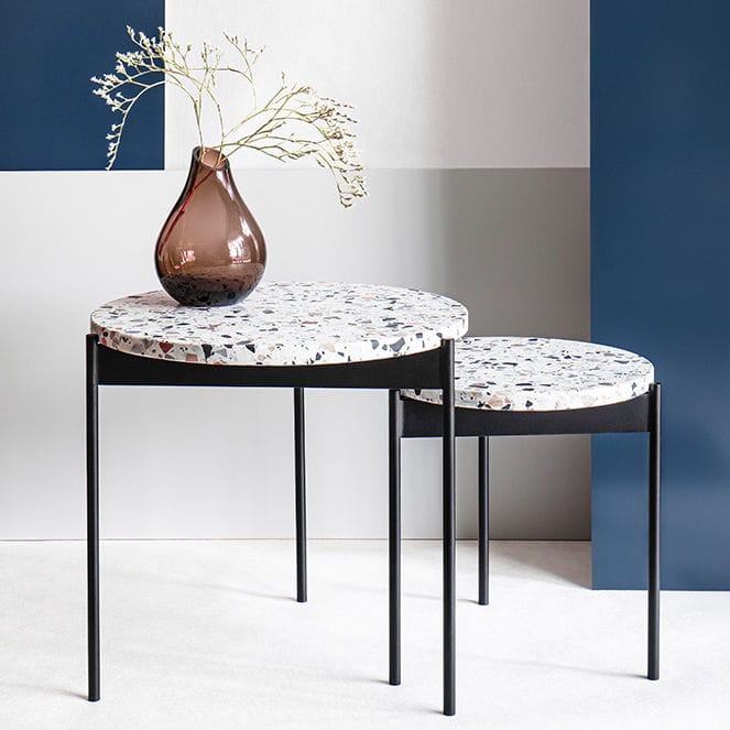 Contemporary side table - G - MIUFORM - terrazzo / metal base / rou