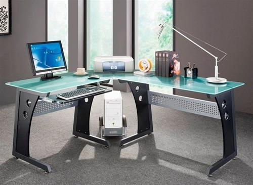 Modern Black L-shaped Desk with Frosted Glass Top and Keyboard .
