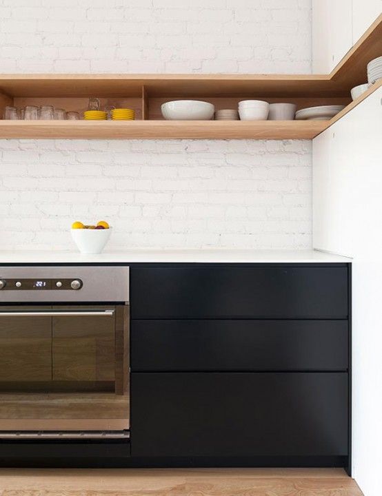 Minimal Black And White Kitchen With A White Brick Wall | Kitchen .