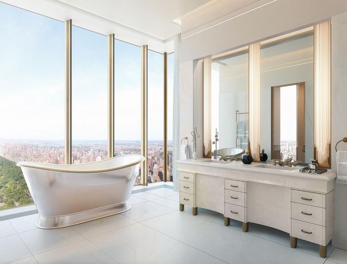 Master bath with stand-alone tub with a view of Manhattan and its .