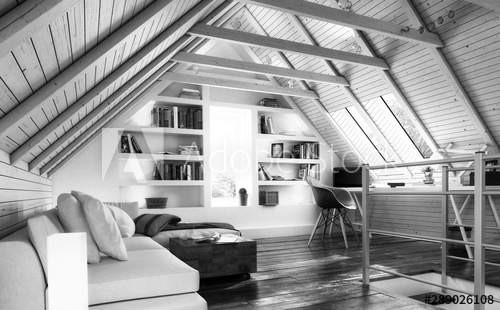 Apartment construction in the attic (black and white) - 3d .