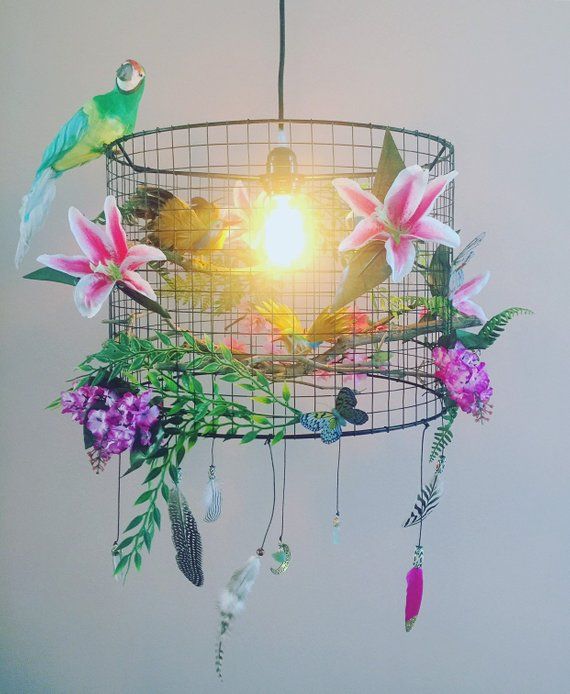 Birdcage chandelier bohemian nature plants flowers and feather .