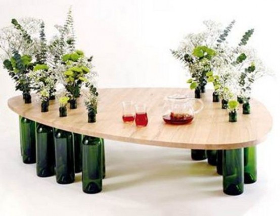 Side Tables Made From Reused Bottles And Wood Tops - DigsDi