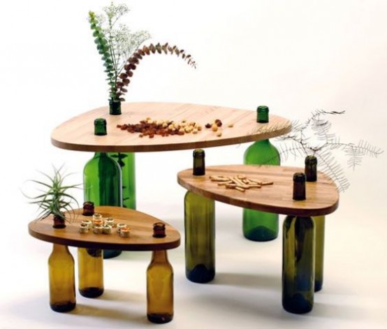Side Tables Made From Reused Bottles And Wood Tops - DigsDi