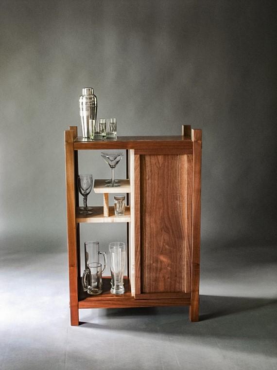 Bar Cabinet - Walnut with Tiger Maple - Home bar with wine storage .