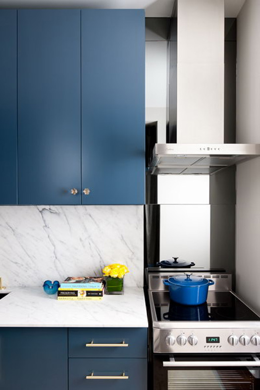 Stylish Blue And Gold Kitchen Design With Marble - DigsDi