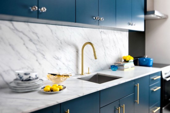 Stylish Blue And Gold Kitchen Design With Marble - DigsDi