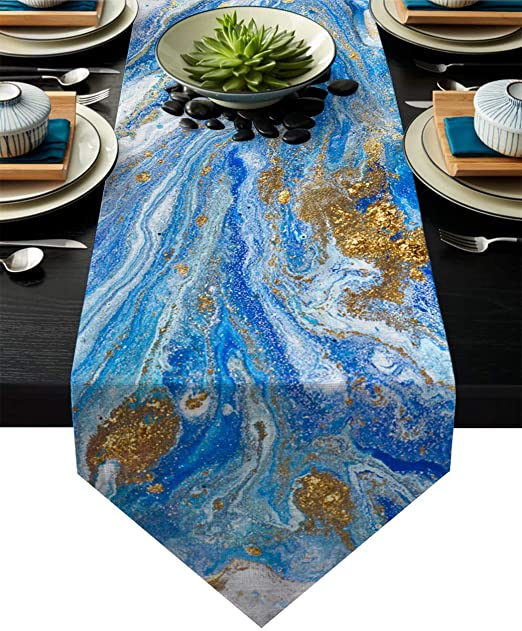 Amazon.com: Chic D 90inch Table Runner, Blue Gold Marble Abstract .