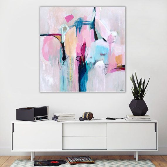 Abstract painting large in pink blue and grey, large wall art .