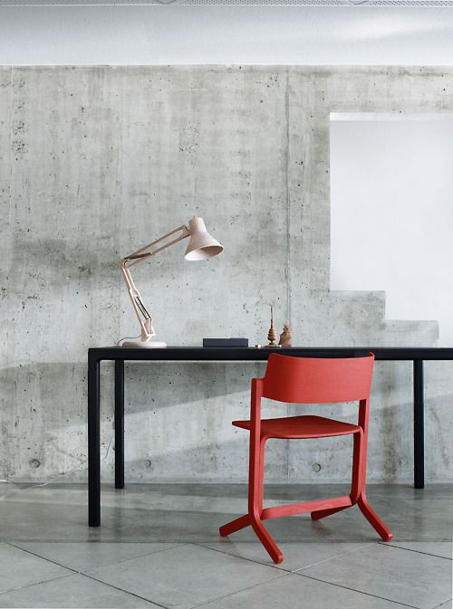 home office, desk, workspaces, red chair* - Concrete wall .