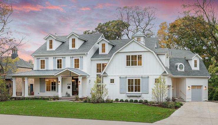 White Barn Home with Gray Shutters - Transitional - Home Exteri