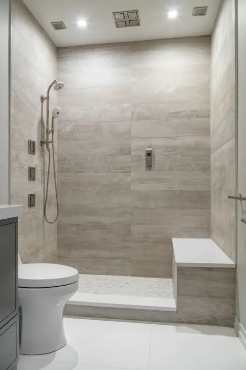 a serene contemporary bathroom clad with wood look and white tiles, built-in lights and white appliances is a chic and cool idea