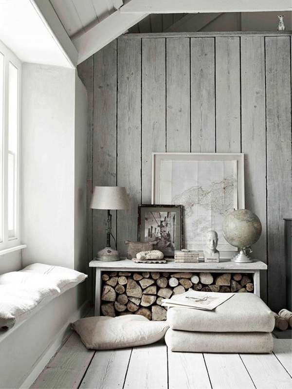 Scandinavian style interior with firewood furniture