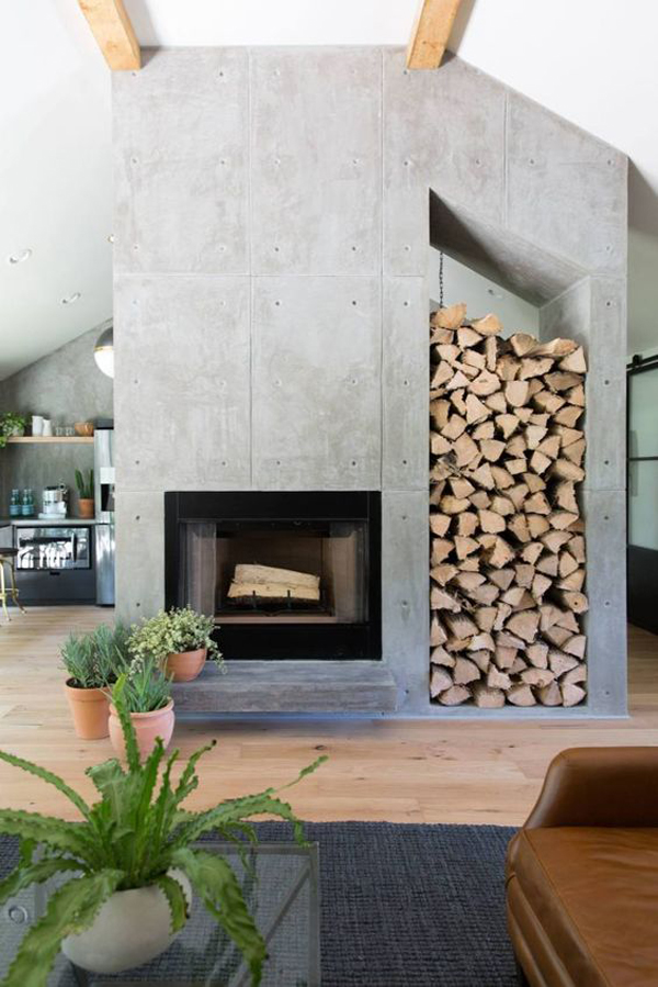 gray interior with firewood storage