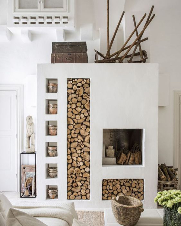trendy built-in firewood store and display decor