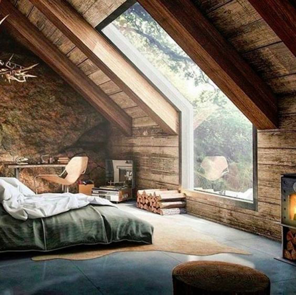 Modern loft bedroom with wooden accents