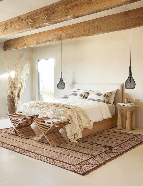 Bohemian bedroom design with wooden accents