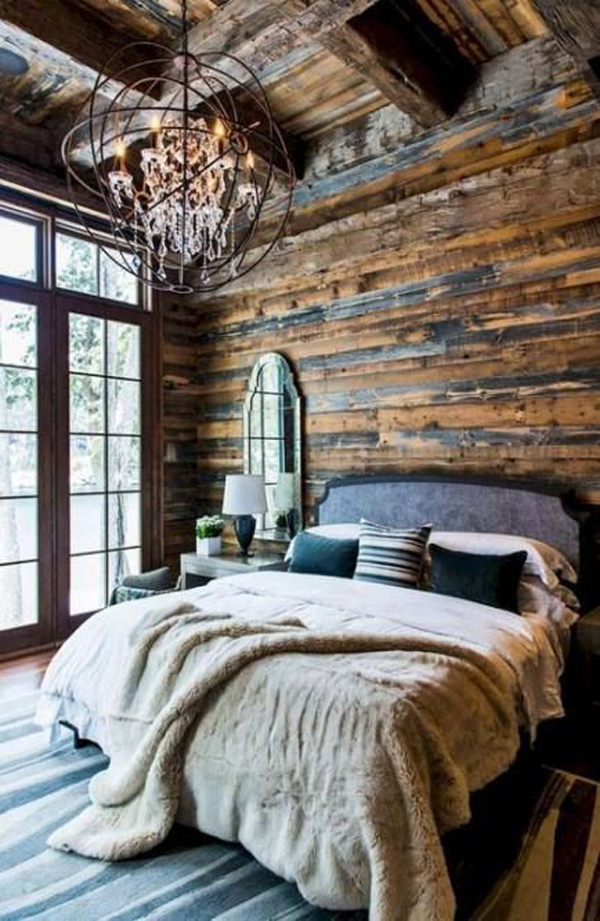 Rustic wooden bedroom design for a cabin