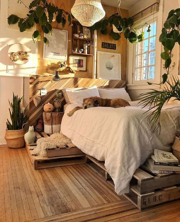 Wooden bedroom design with houseplants