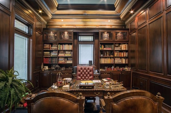 Luxury home office bookshelves, ornate wooden wall interior design ideas
