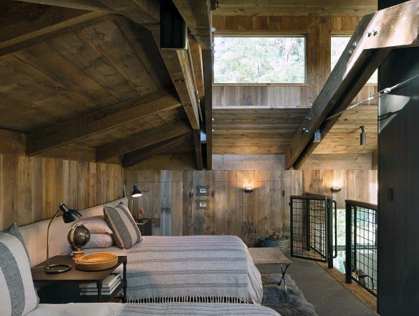 Rustic cabin, cool wooden wall and ceiling loft