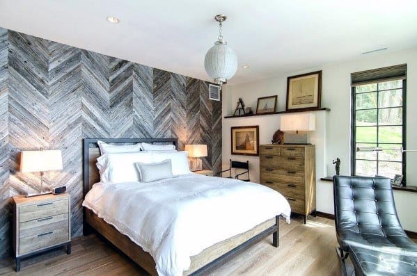 Rustic herringbone wood bedroom wall ideas