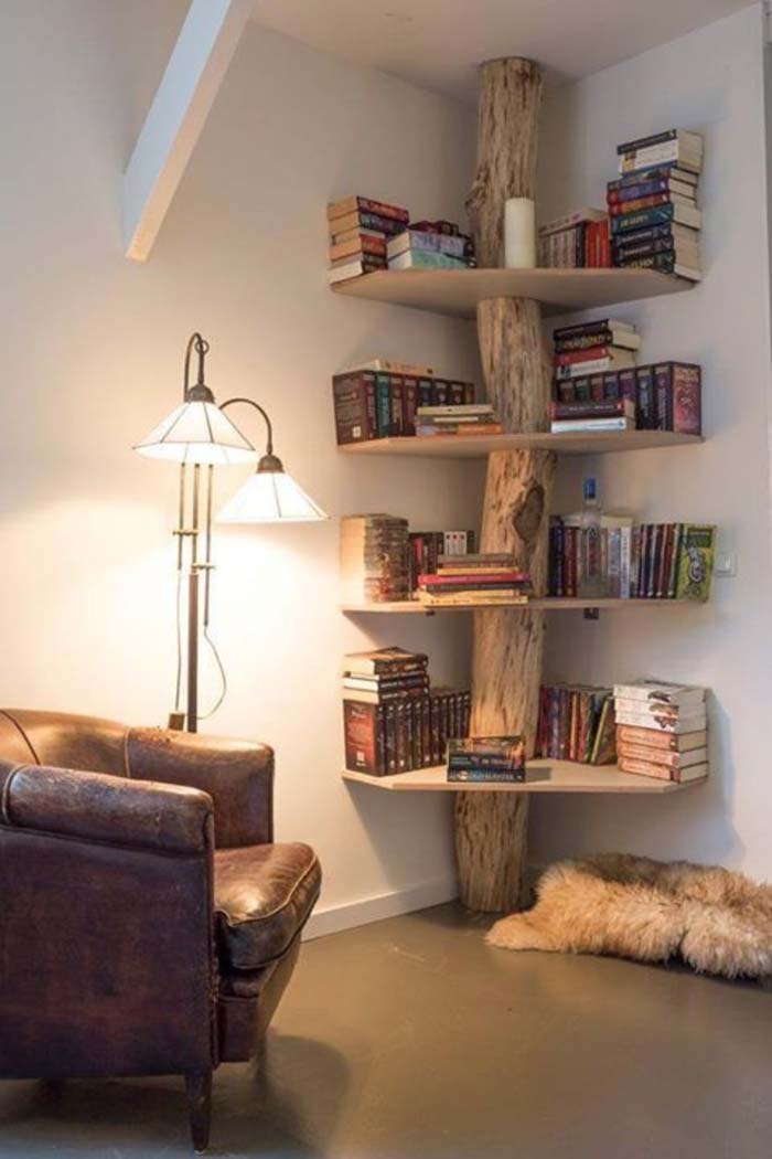 Corner bookshelf with a tree trunk and plywood