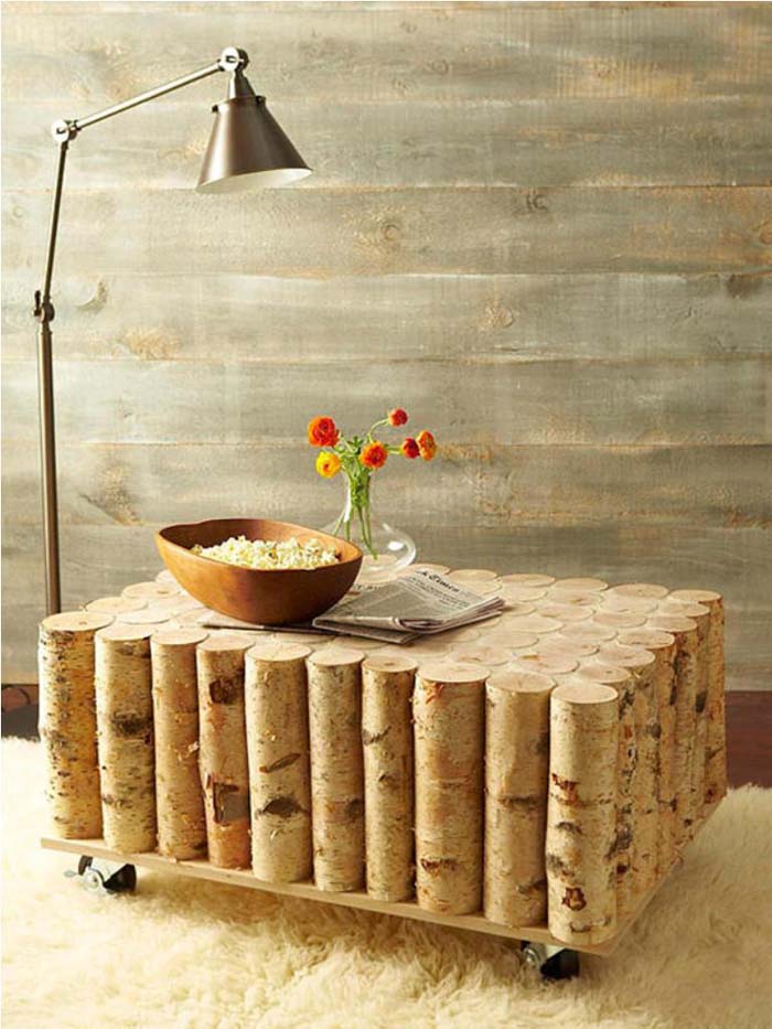 Rolling coffee table with tree trunks