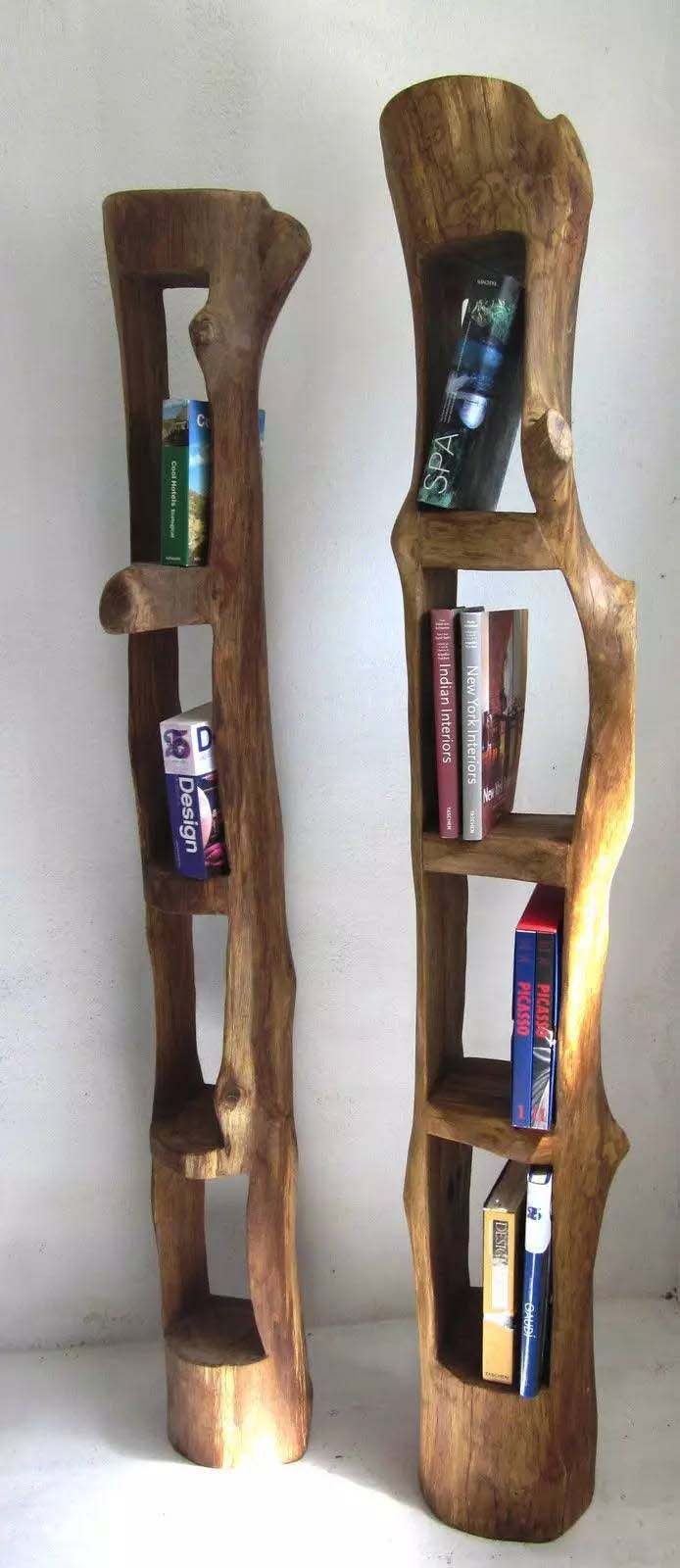 Bookshelves made from tree trunks